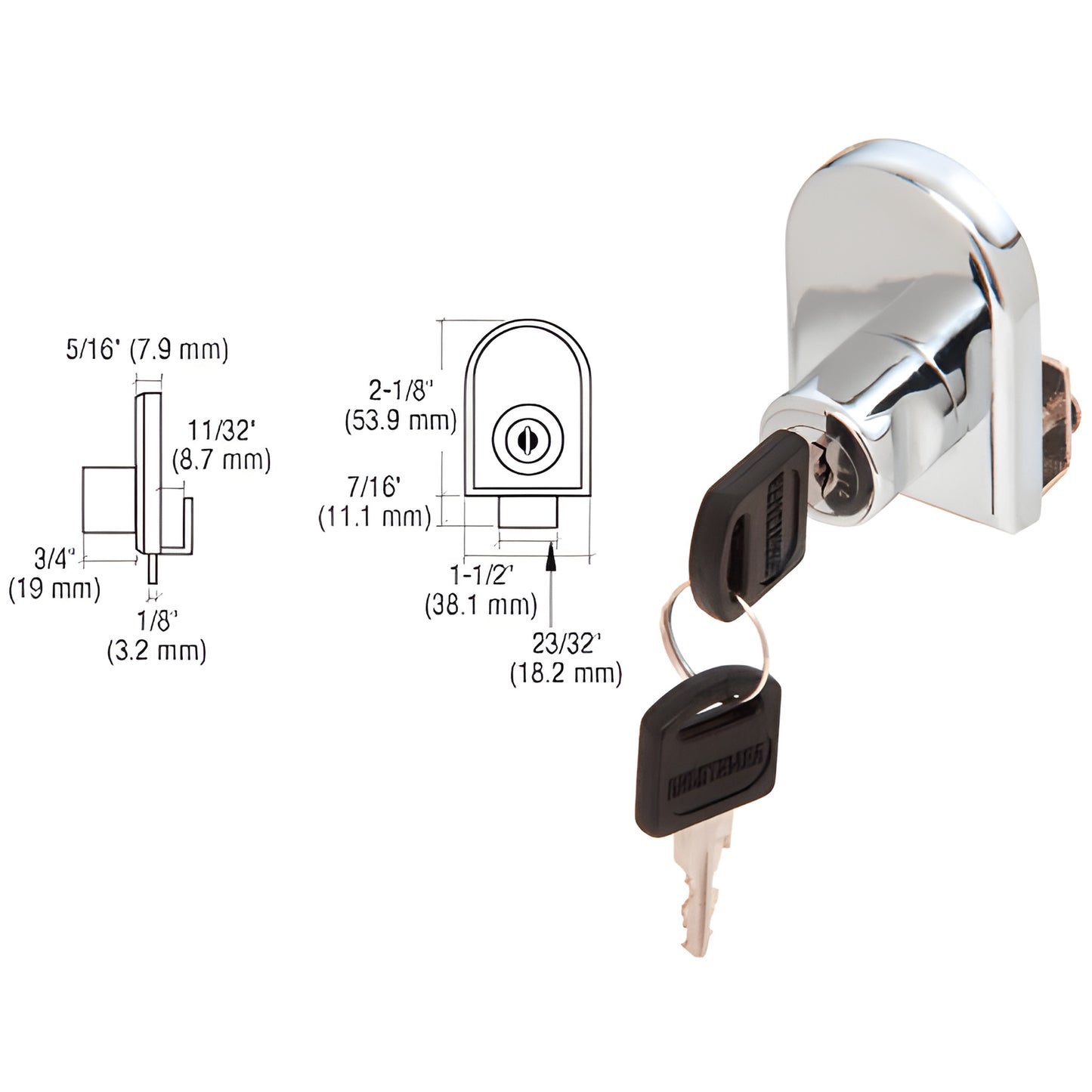 Polished chrome no drill glass cabinet lock with keys, fits up to 1/4" (6mm) glass - SKU LK10KA