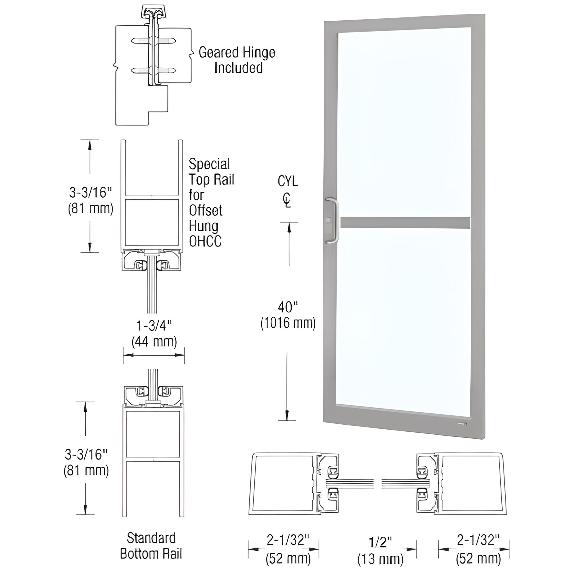 Custom narrow-stile entrance door SKU DZ21911, clear anodized, includes panic pull/hardware, 2in stiles, fits 1/4in glass