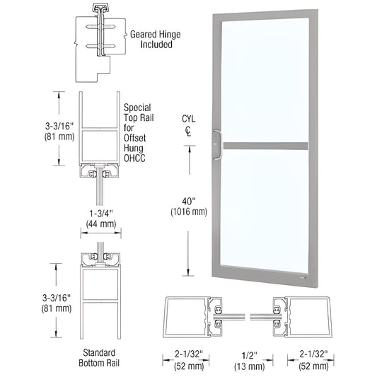 Custom narrow-stile entrance door SKU DZ21911, clear anodized, includes panic pull/hardware, 2in stiles, fits 1/4in glass