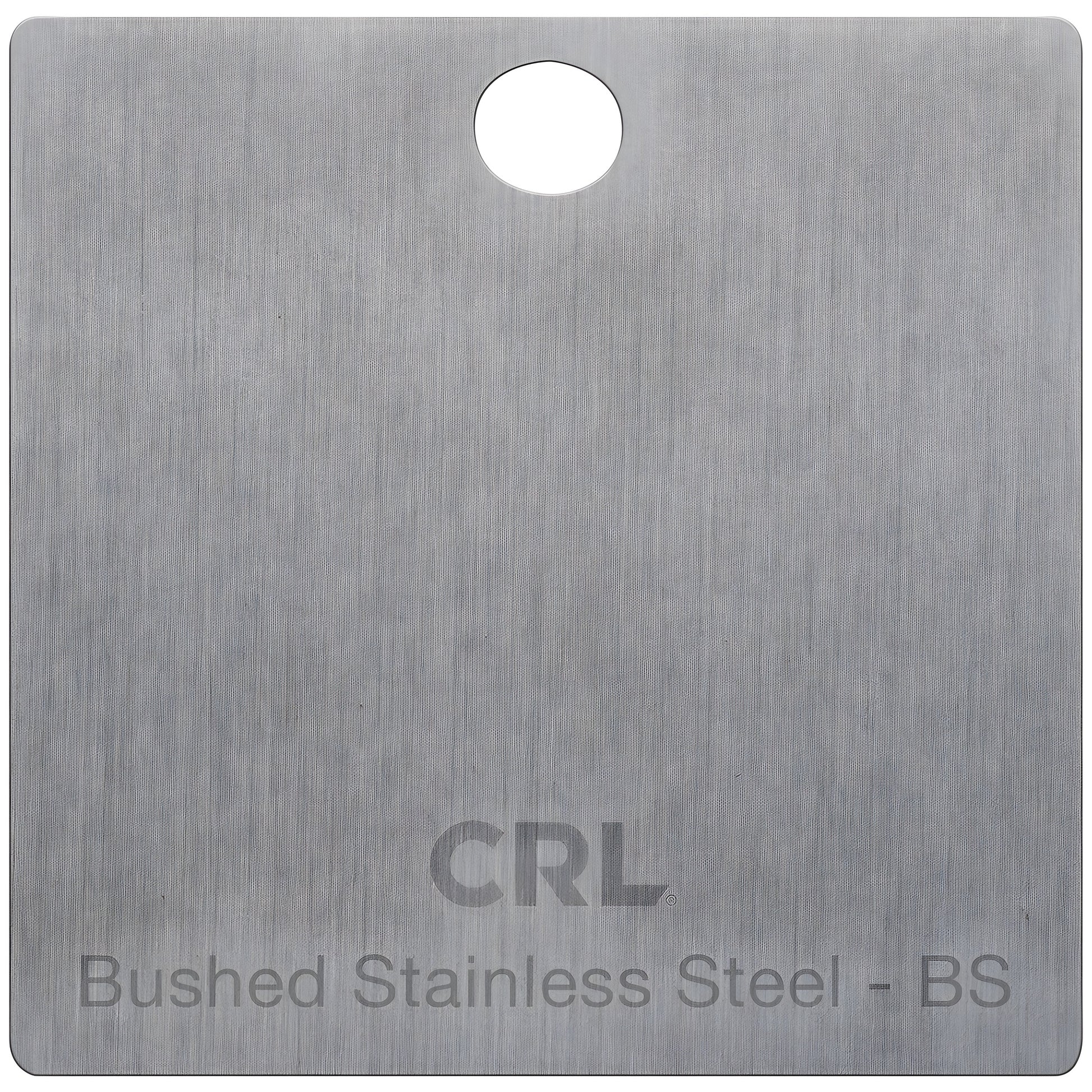 CH2PBS hinge finish chip sample, brushed stainless steel square with top-center hole and fine vertical grain