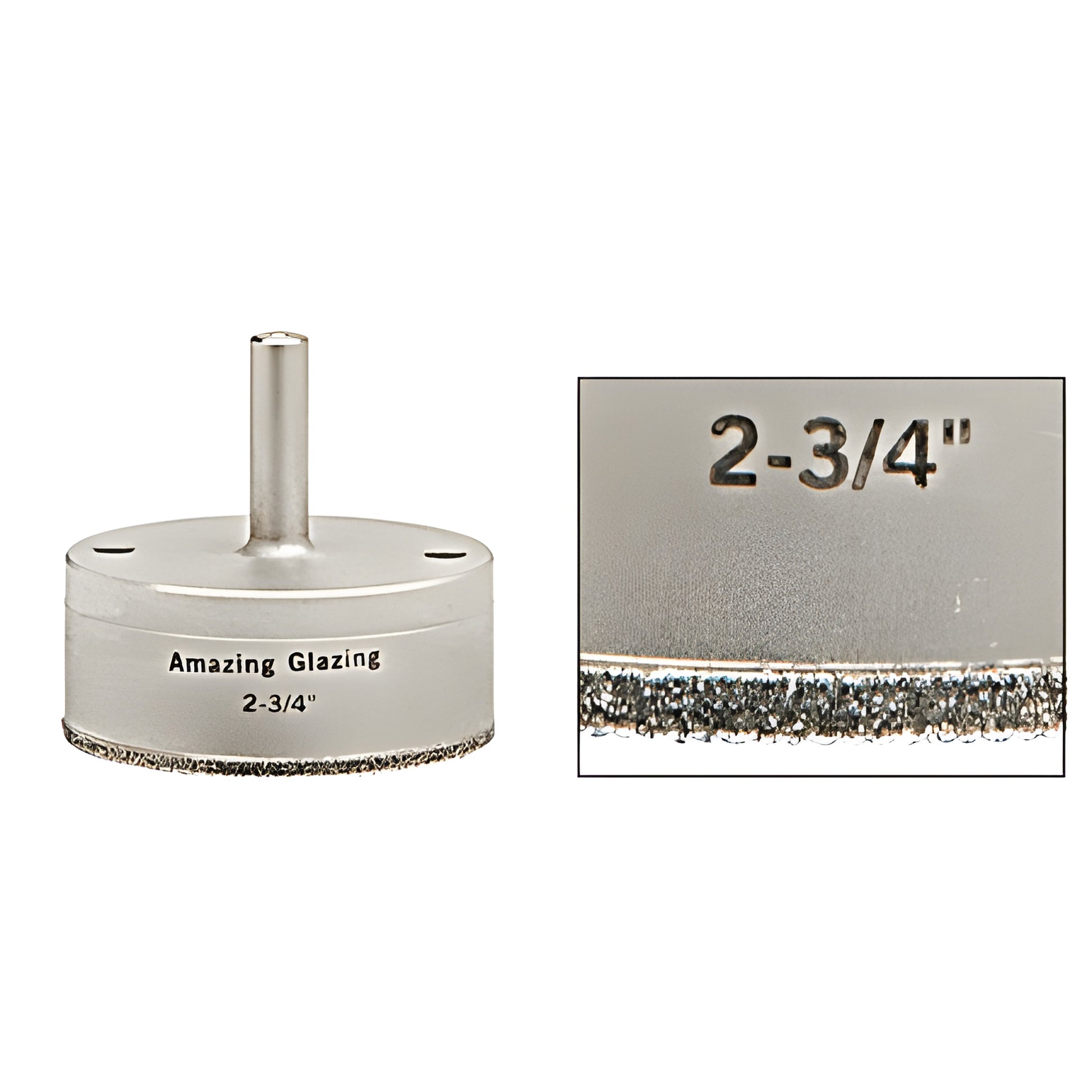 AG234 2-3/4" plated diamond glass drill bit with reduced 3/8" round shank and sawtooth diamond cutting edge
