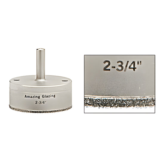 AG234 2-3/4" plated diamond glass drill bit with reduced 3/8" round shank and sawtooth diamond cutting edge
