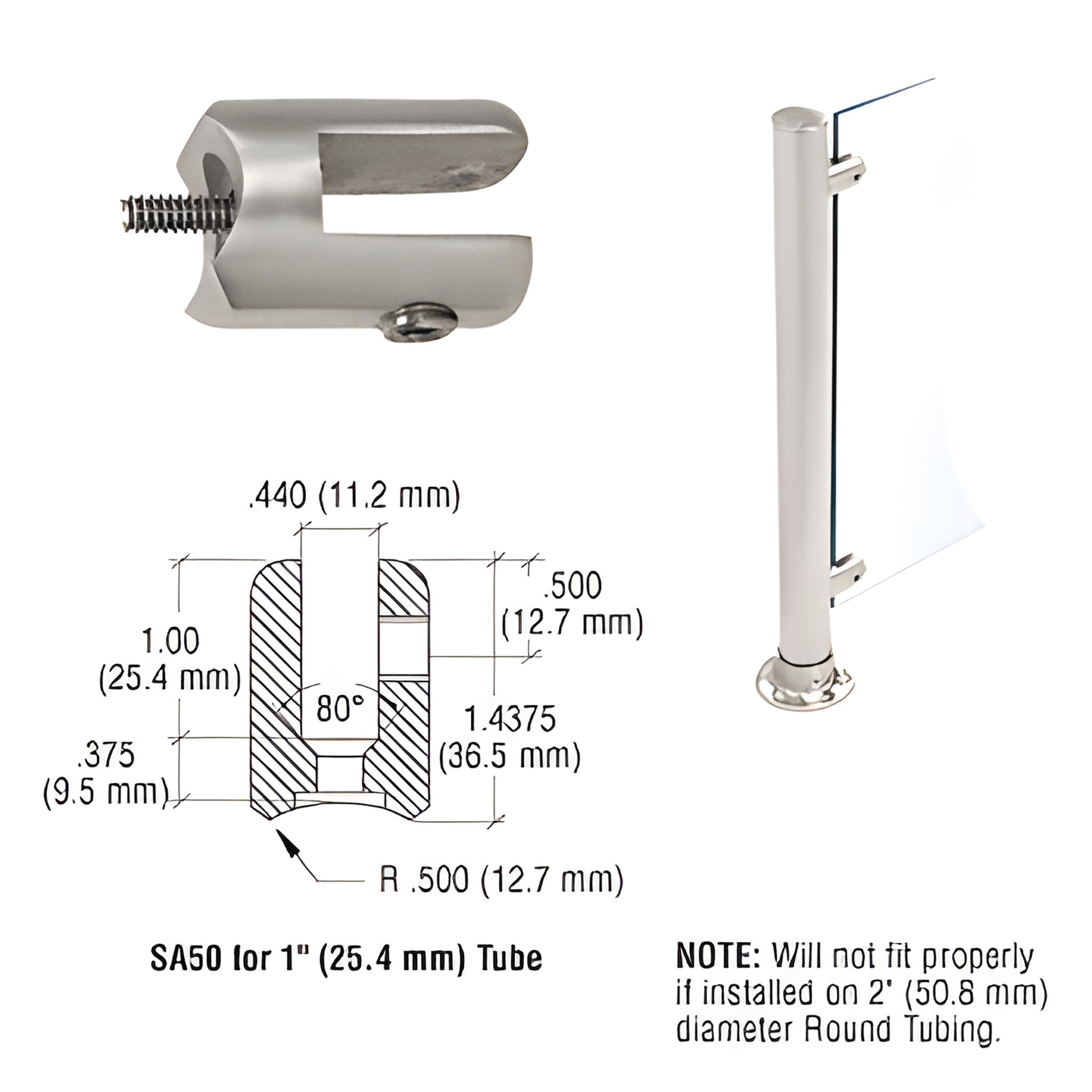 SA50BS brushed stainless fixed glass fitting for 1" or 1 1/2" round tubing; clamps 1/4-3/8" tempered glass.