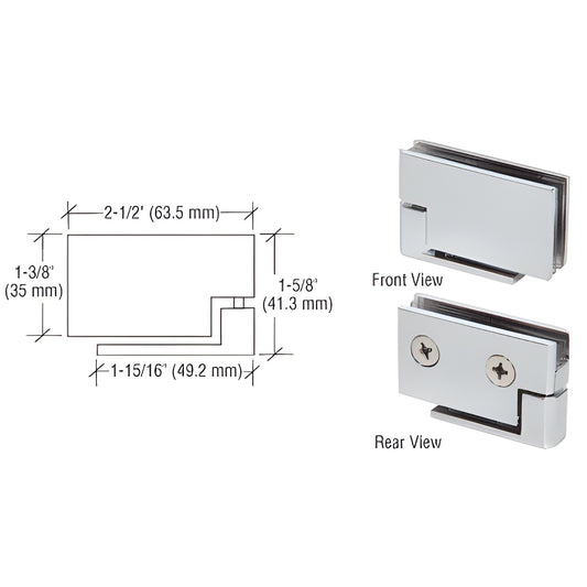 FA50SC satin chrome surface-mount glass pivot hinge, front/rear views and dimensional diagram for 6-8mm glass.