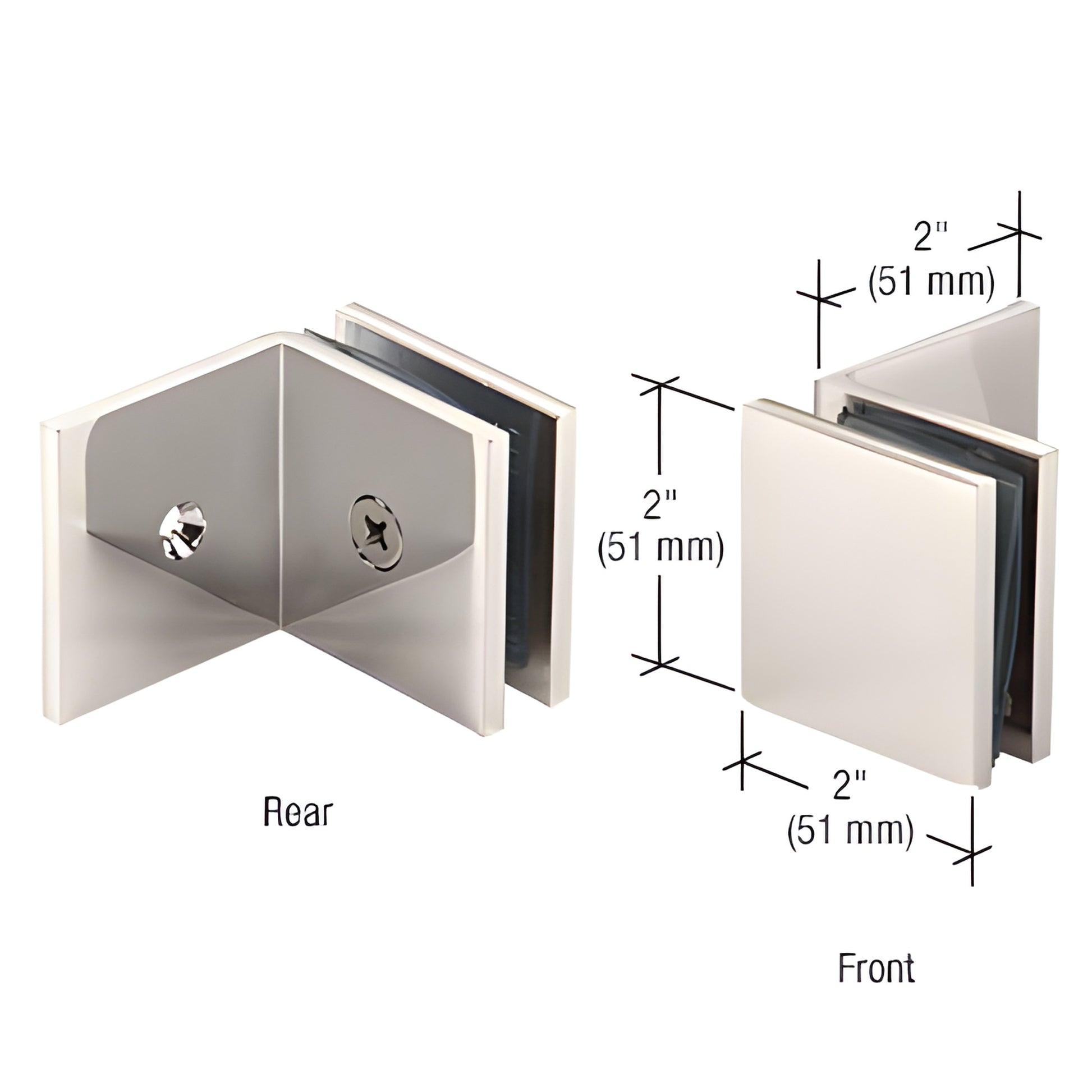 SGC039PN polished nickel large-leg square glass clamp, 2"x2", for 3/8-1/2" tempered glass, wall mount.