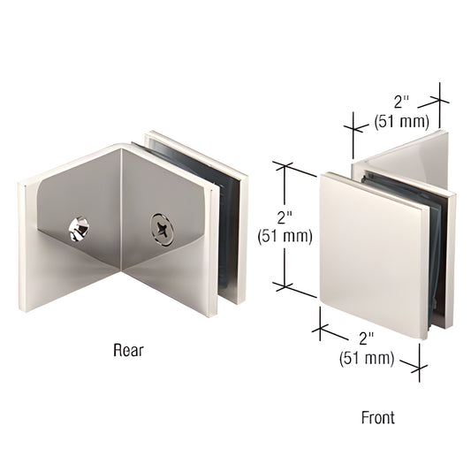 SGC039PN polished nickel large-leg square glass clamp, 2"x2", for 3/8-1/2" tempered glass, wall mount.