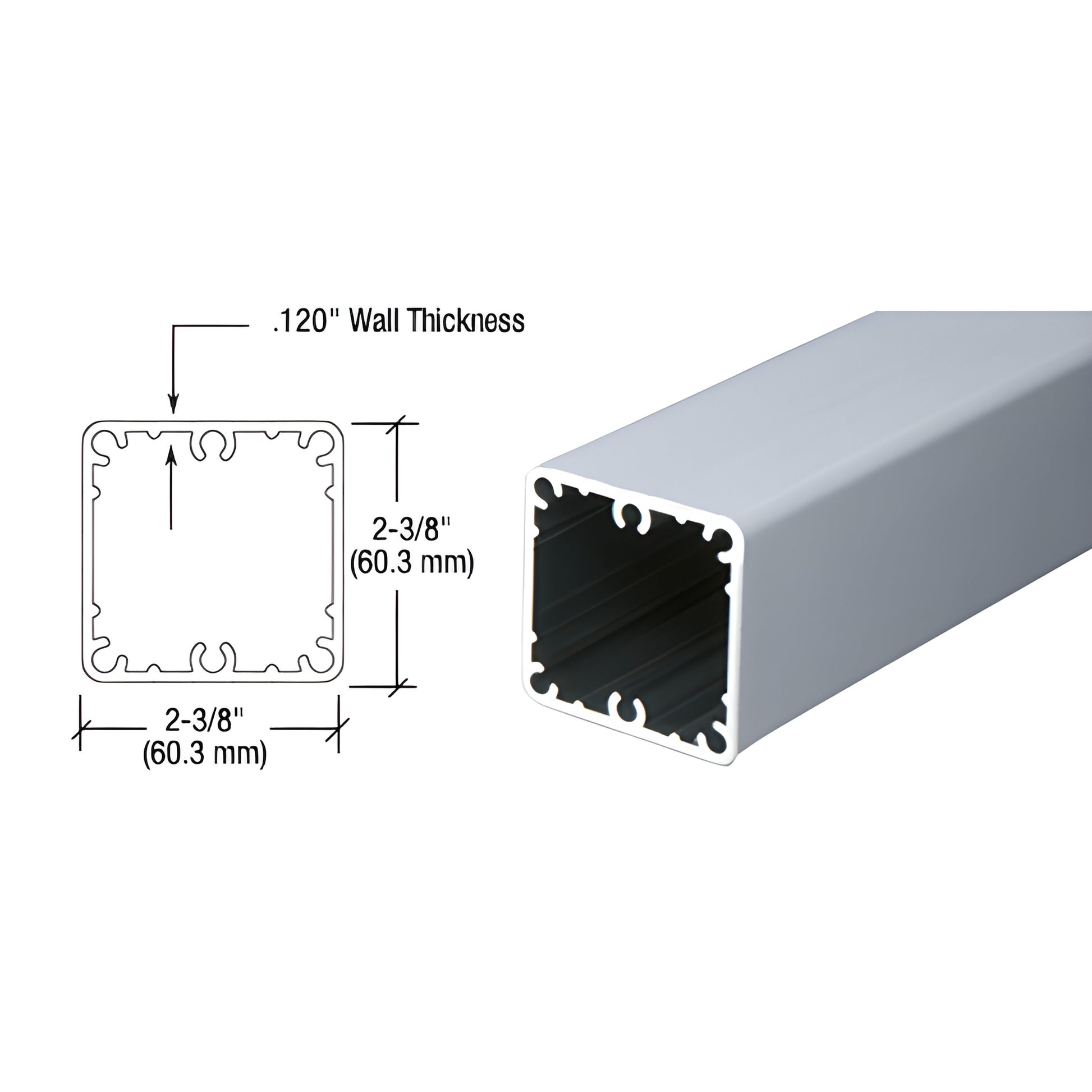 Aluminum clear-anodized square fascia post 2-3/8" (60 mm) hollow profile, SKU FP36CA.
