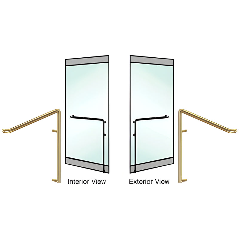 Satin brass 1-1/4 in tubular dummy rail-mount handle for glass doors, right-hand reverse - interior and exterior views