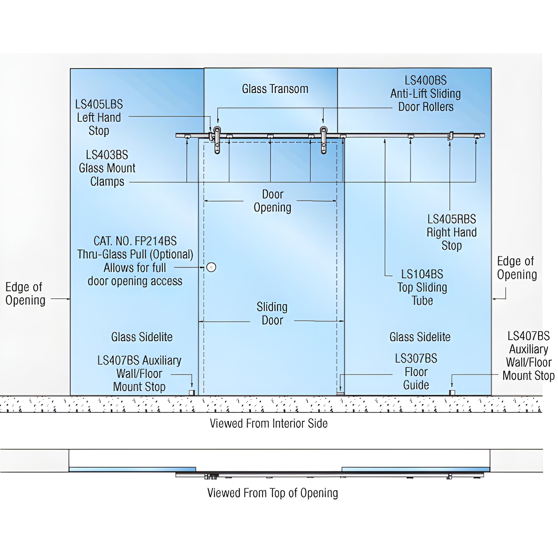 CRL Laguna glass-mount single sliding door kit, brushed stainless, anti-lift top rollers, 104 in track. SKU LSGM6BS
