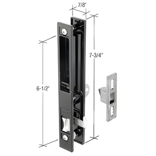 CRL AG4501 black aluminum flush sliding door handle set with reversible latch, keeper and fasteners, 7-3/4" long