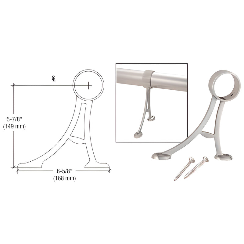 FRFB20BS brushed stainless floor-mount foot railing bracket for 1-1/2"-2" tube, shown with screws and dimensional diagram.
