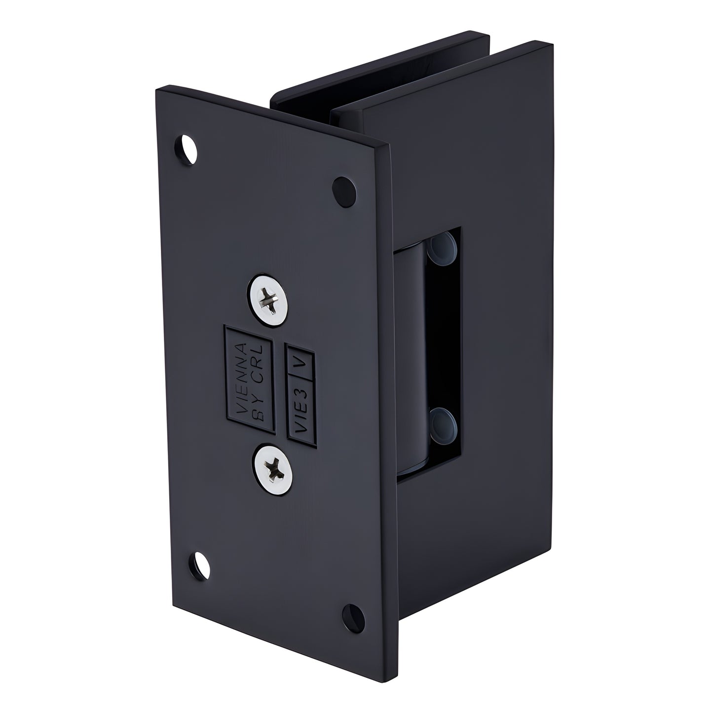 Matte black Vienna adjustable shower door hinge for 10-12mm glass, wall mount (SKU V1E337MBL)