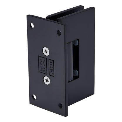 Matte black Vienna adjustable shower door hinge for 10-12mm glass, wall mount (SKU V1E337MBL)