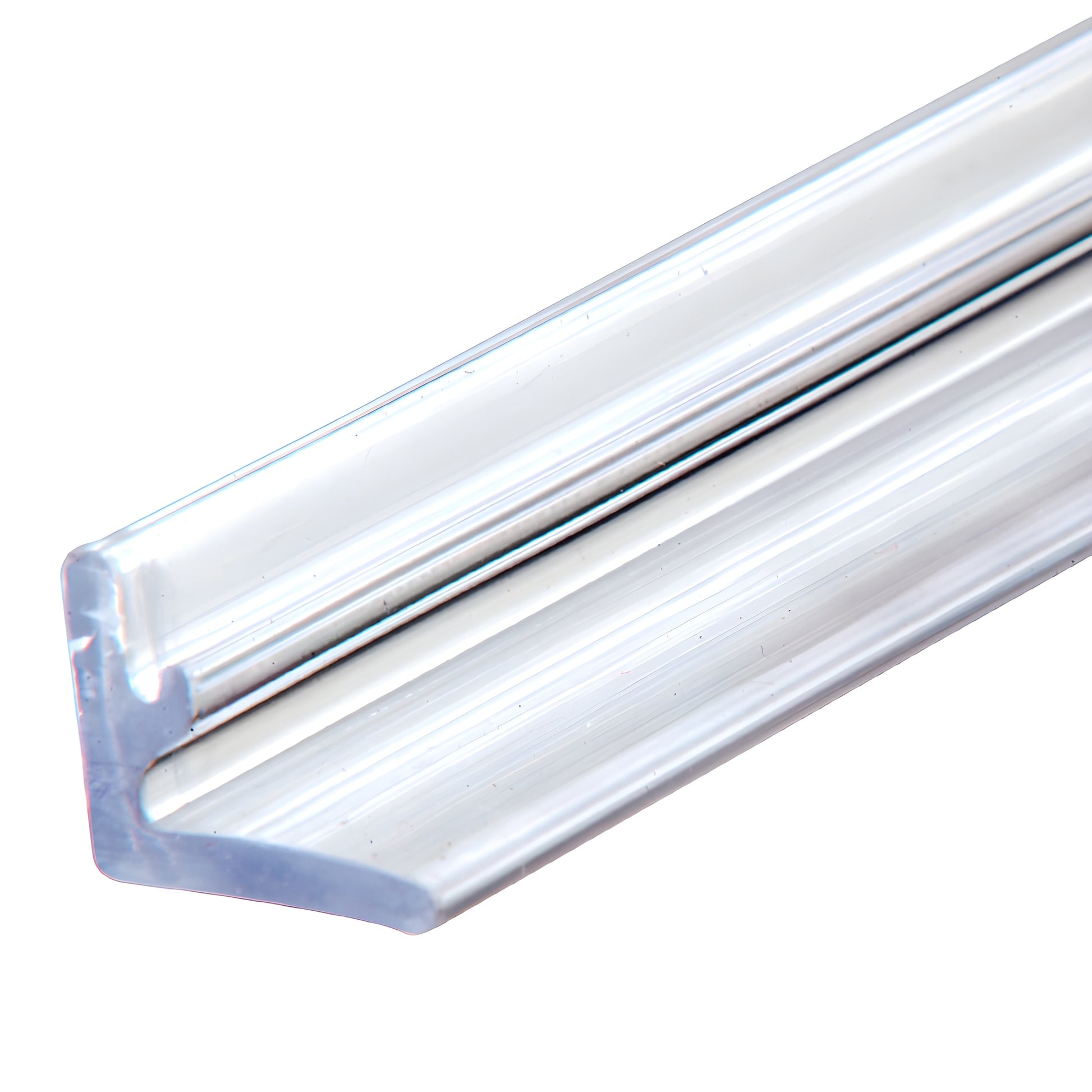 CRE78SB Crescent frameless sliding shower hardware in satin brass - top round rollers and header on clear glass.