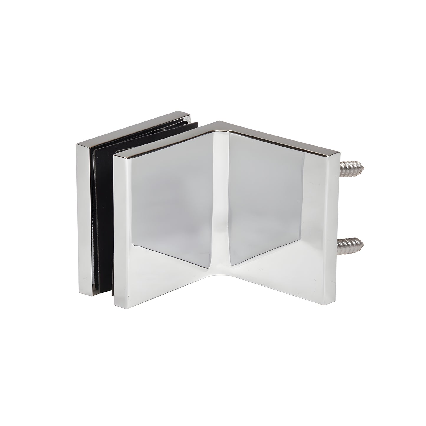 Polished chrome 90 glass clamp (SKU: CCS90CH) for 10-12mm frameless shower panels, hidden snap cover