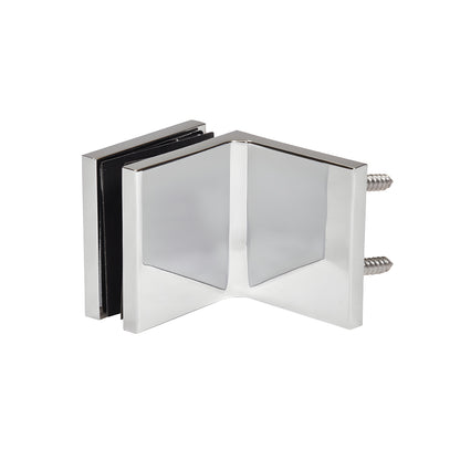 Polished chrome 90 glass clamp (SKU: CCS90CH) for 10-12mm frameless shower panels, hidden snap cover