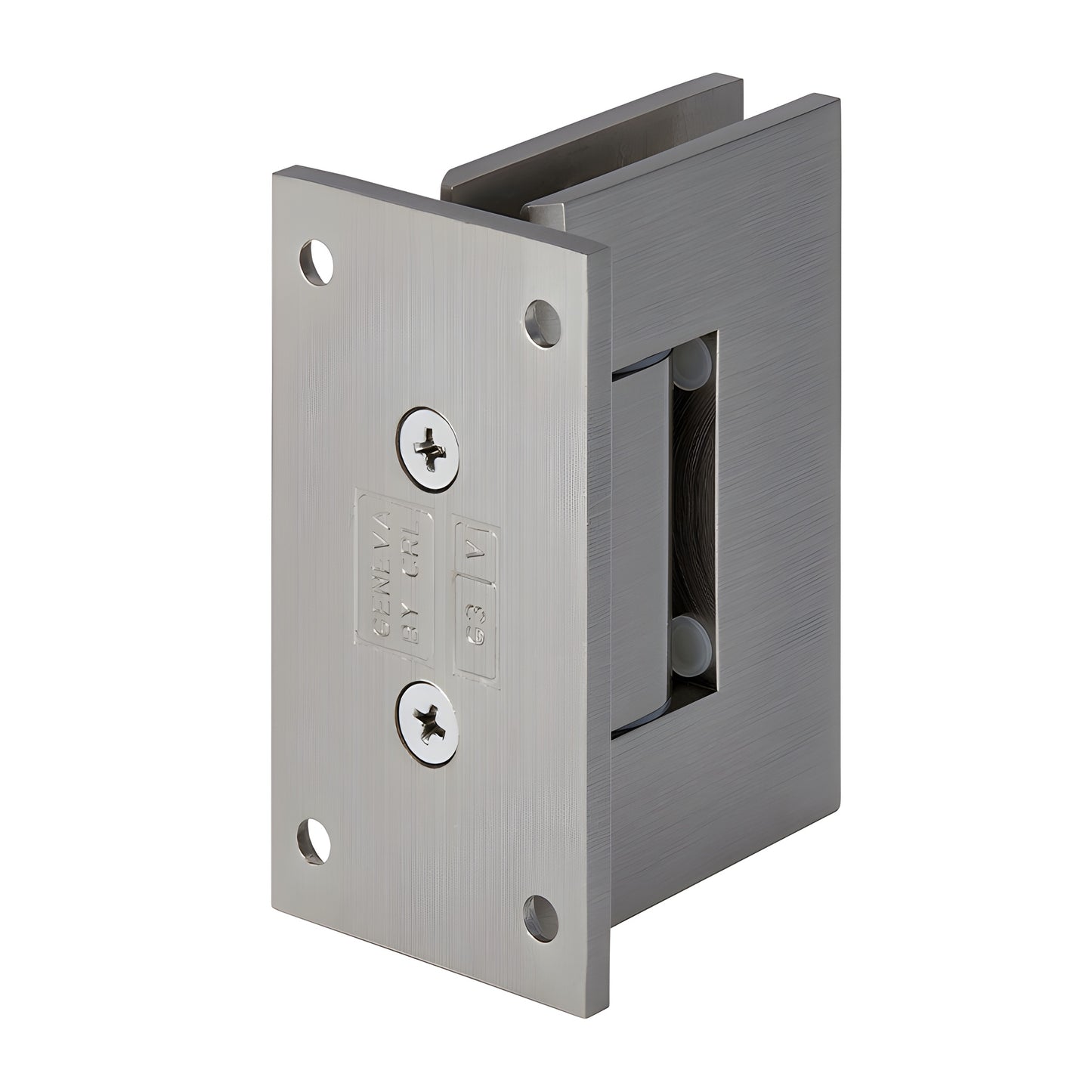 GEN337BN brushed nickel adjustable Geneva shower door hinge with full back plate, for 5/16-1/2" tempered glass.
