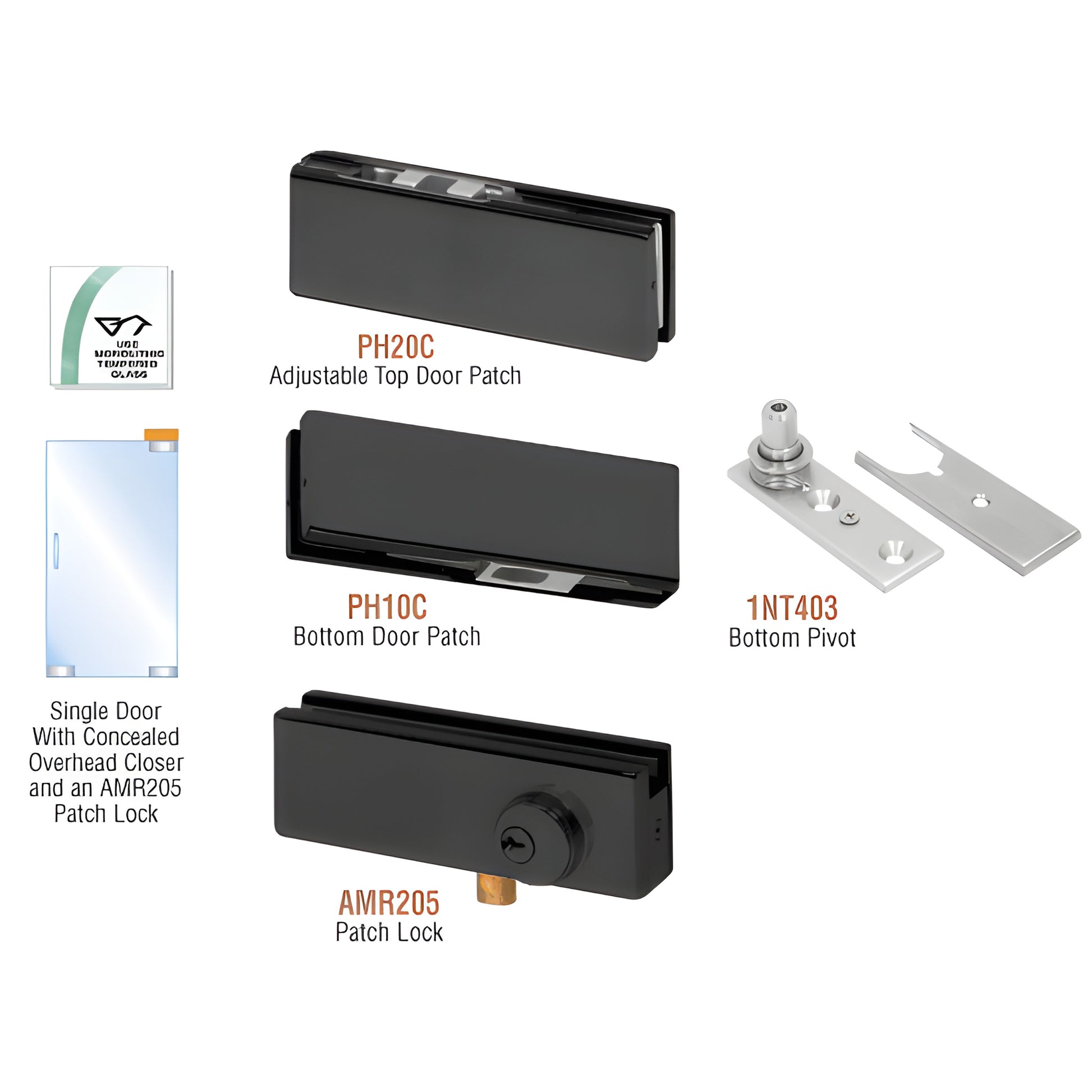 PHA2LMBL matte black patch kit for single frameless door: adjustable top and bottom patches, bottom pivot, optional AMR205 lo