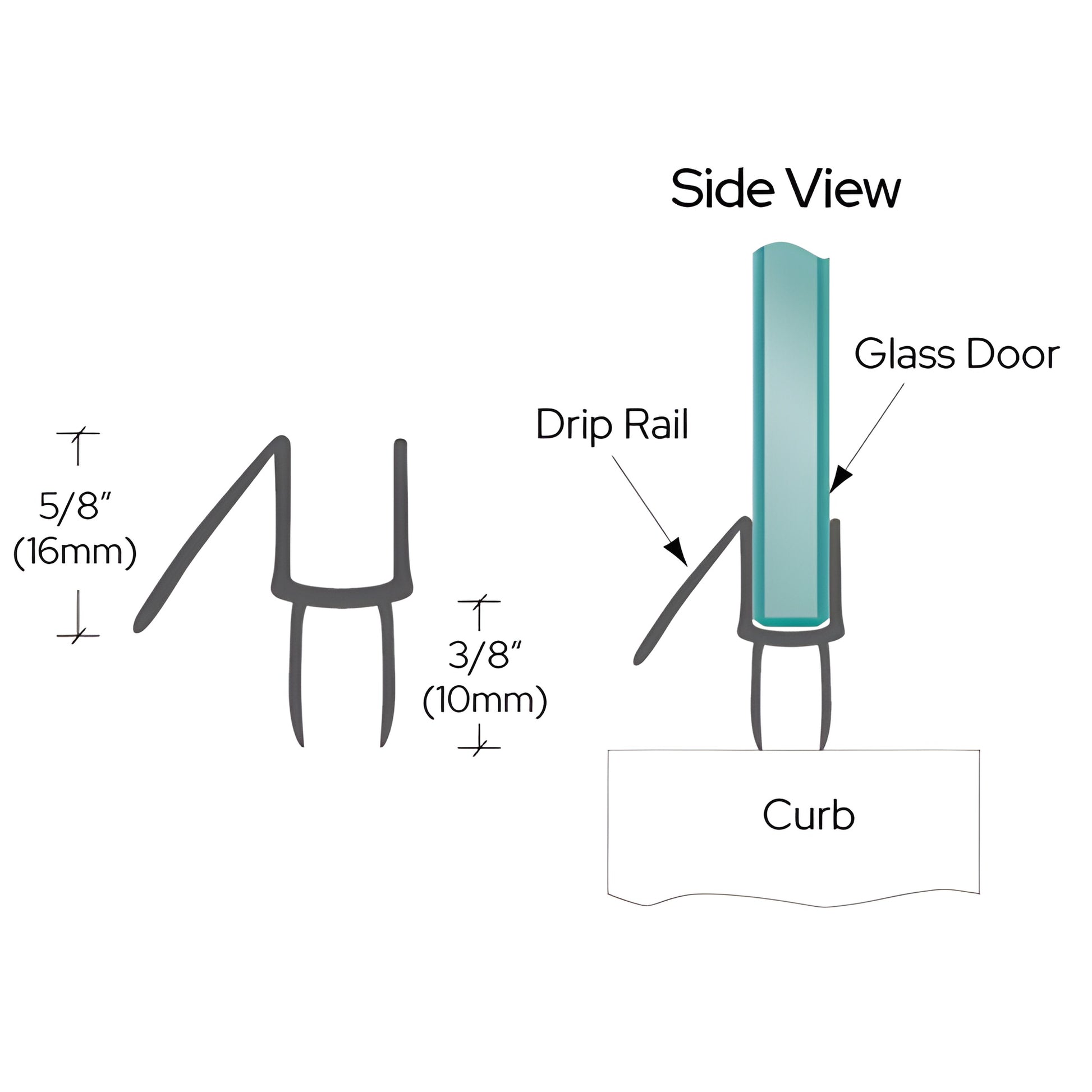 Black polycarbonate shower door bottom wipe with 45 drip rail, snaps on glass - P990WSBL
