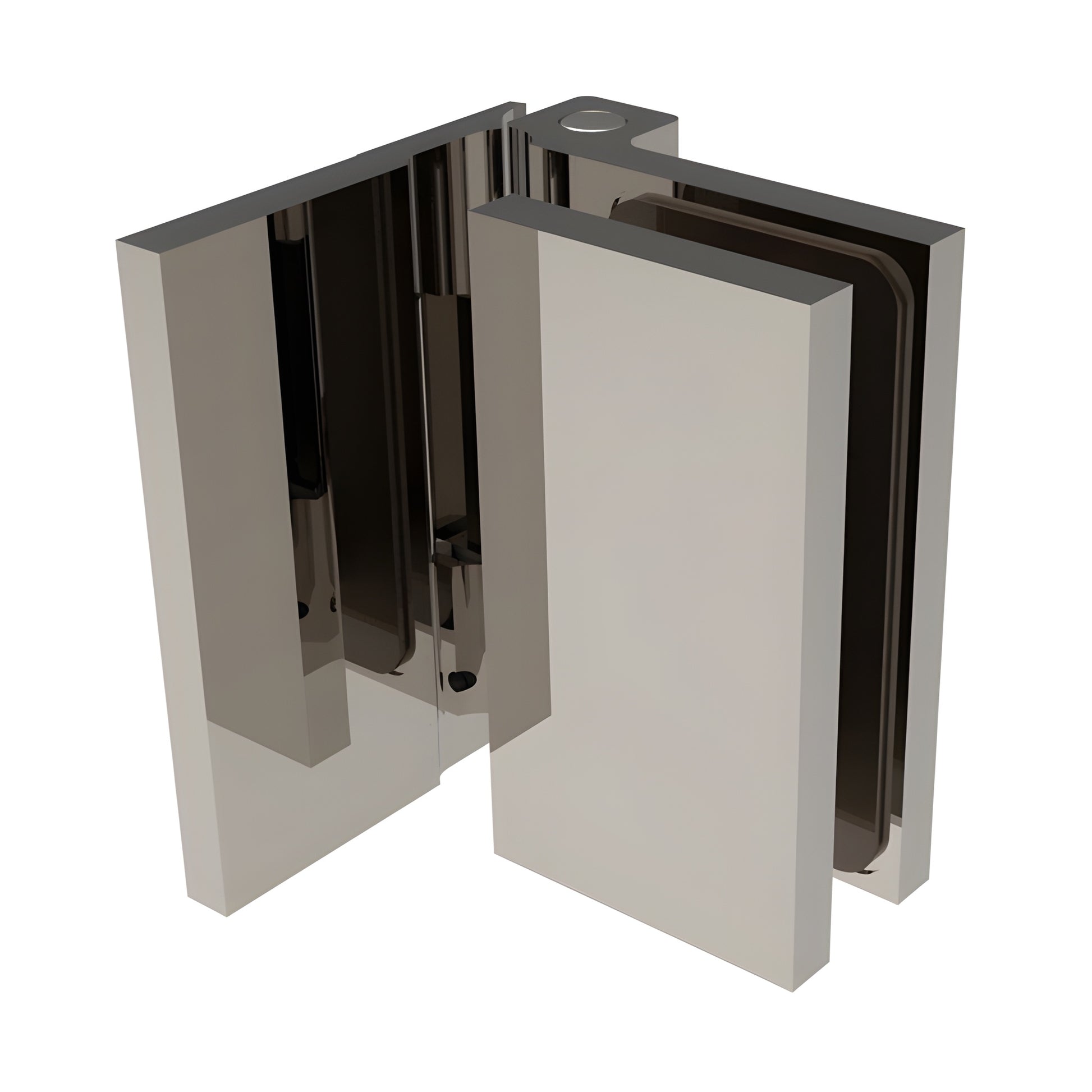 Polished chrome Como wall mount shower hinge for 8-10mm glass, offset back plate, 180 free swing.