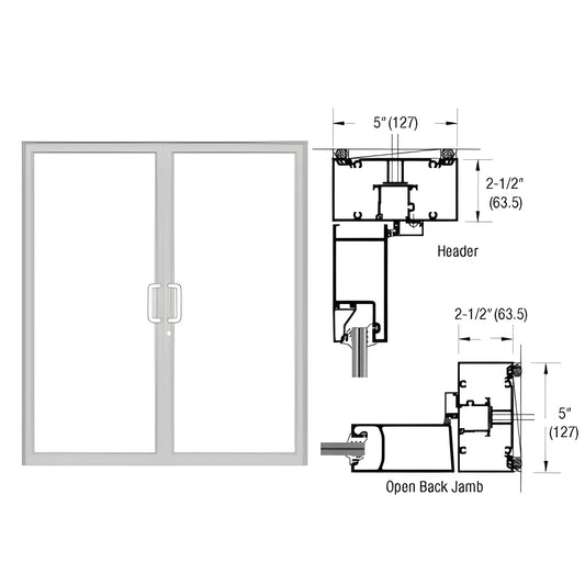 Clear anodized double up/over impact door frame for pair of butt-hinged doors, 2-1/2" x 5" profile (SKU 0F42511)