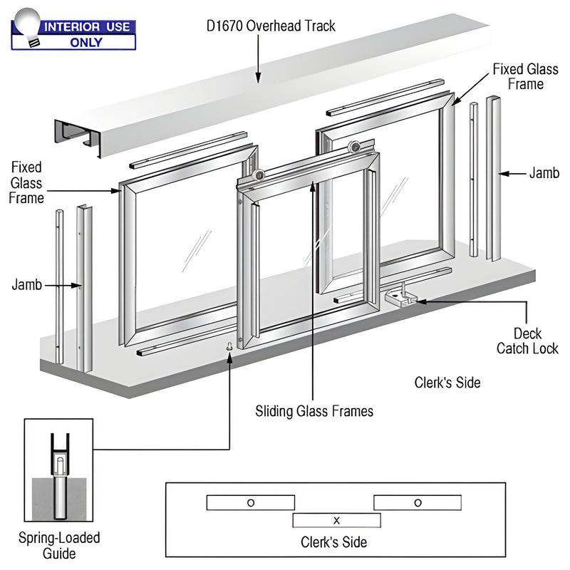 D1030A CRL Barbara 3-panel interior pass-thru window, satin anodized frame, center sliding panel, overhead track D1670