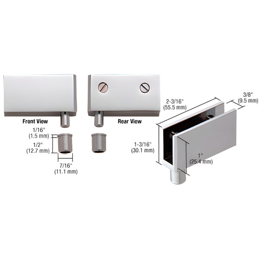 EH324 polished chrome wide glass door pivot hinge (brass), clamp-on for 1/4-5/16" (6-8mm) glass, top/bottom set