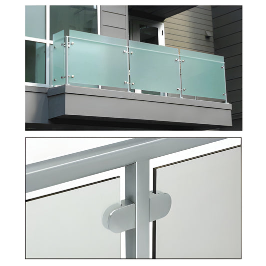 PRS1540M stainless steel mill-finish welded post railing with frosted glass panels, surface-mount balcony system.