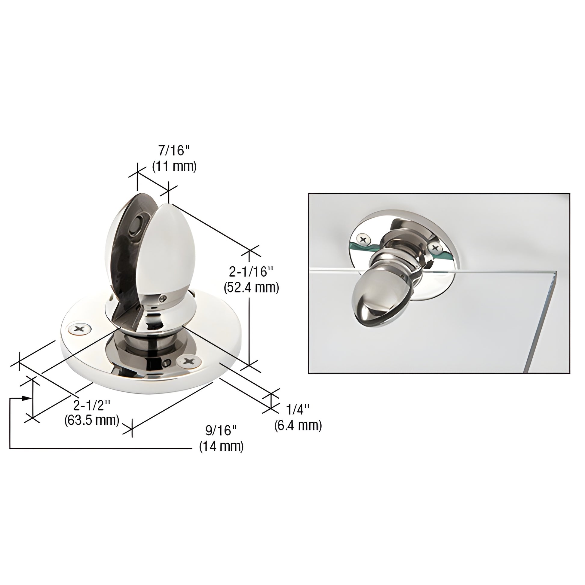 VPC38PS polished 316 stainless steel panel clamp for 3/8" (10mm) glass, 2-1/2" base, mounting screws included.