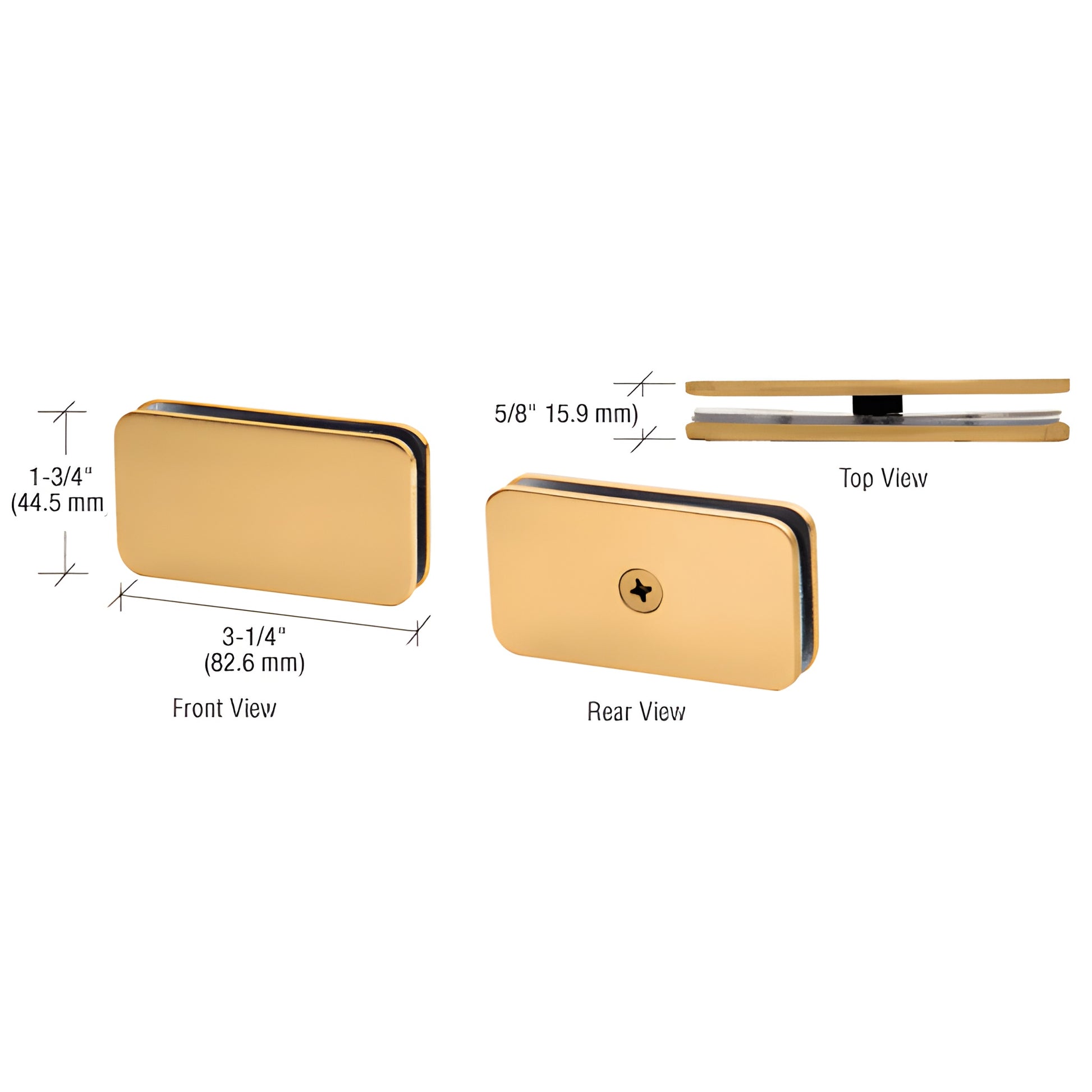 GCB180SB satin brass 180 solid brass glass clamp for frameless showers, fits 8-12mm glass, rectangular 3-1/4 x 1-3/4 in.