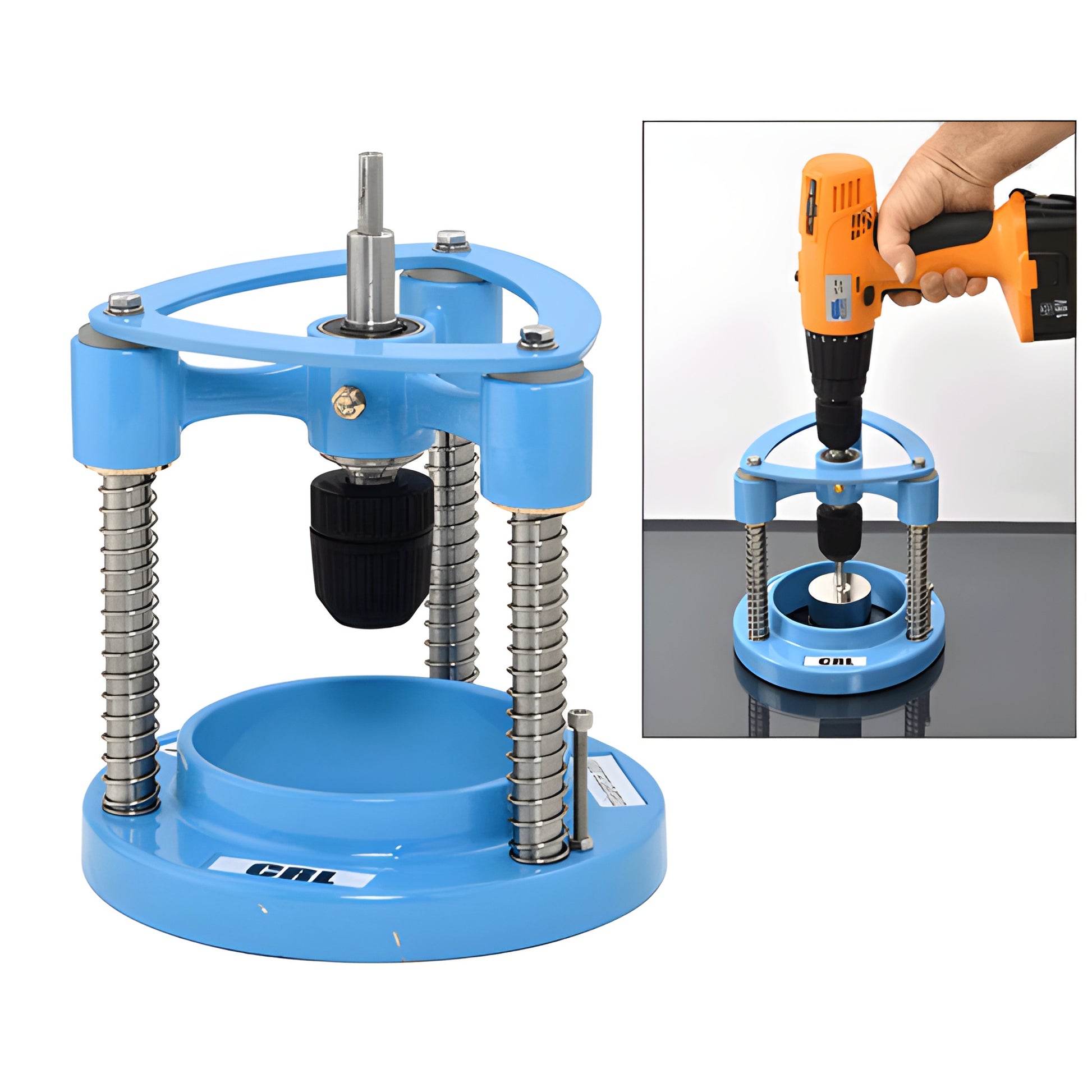 GDB1 blue keyless glass drilling base with spring posts and gasket, shown with handheld drill - fits up to 41 2-inch drills.