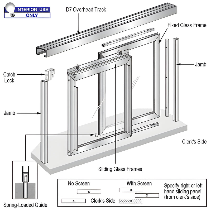 CRL Florence D1038A satin anodized two-panel interior pass-thru window, one fixed and one sliding on D7 overhead track.