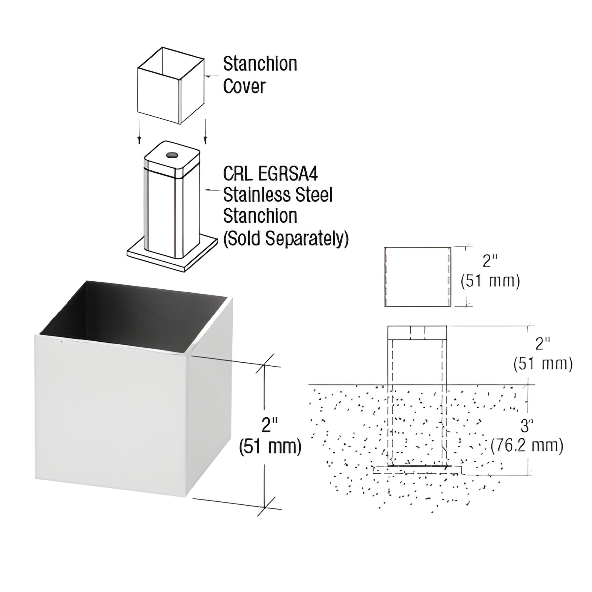 EGRSC2PT powder-coated aluminum stanchion cover, 2" (51 mm) sleeve for elevated base shoe, cut-to-size.
