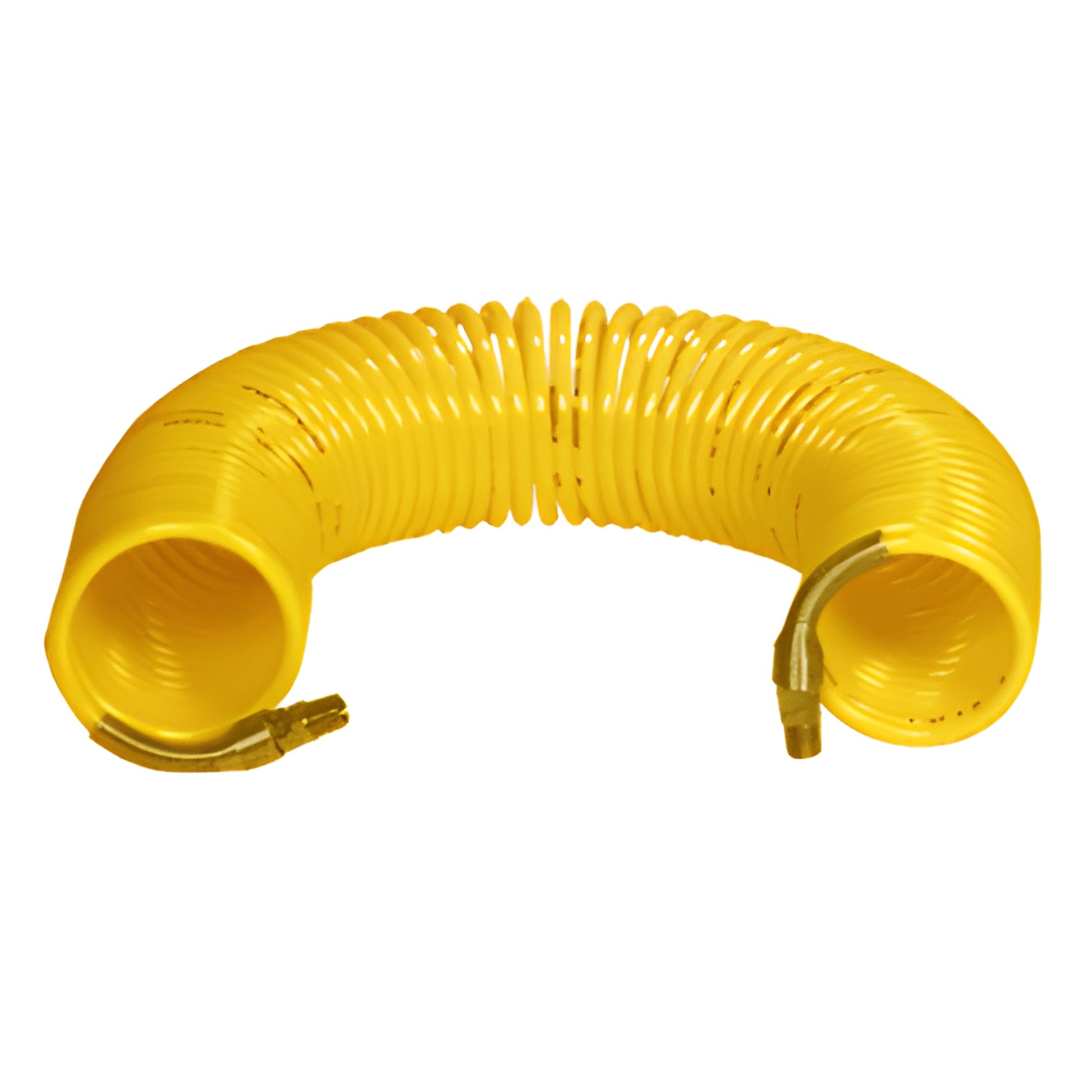 Yellow coiled nylon air hose (SKU SA225), 1/4 in male NPT, 25 ft, brass fittings with integrated spring guards.