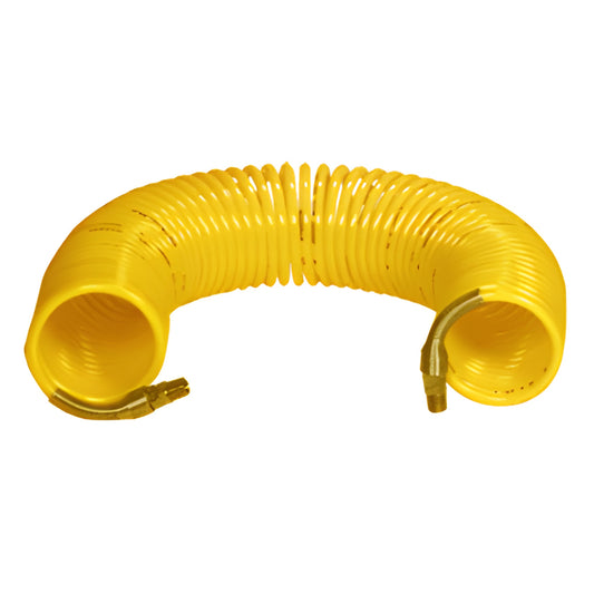 Yellow coiled nylon air hose (SKU SA225), 1/4 in male NPT, 25 ft, brass fittings with integrated spring guards.