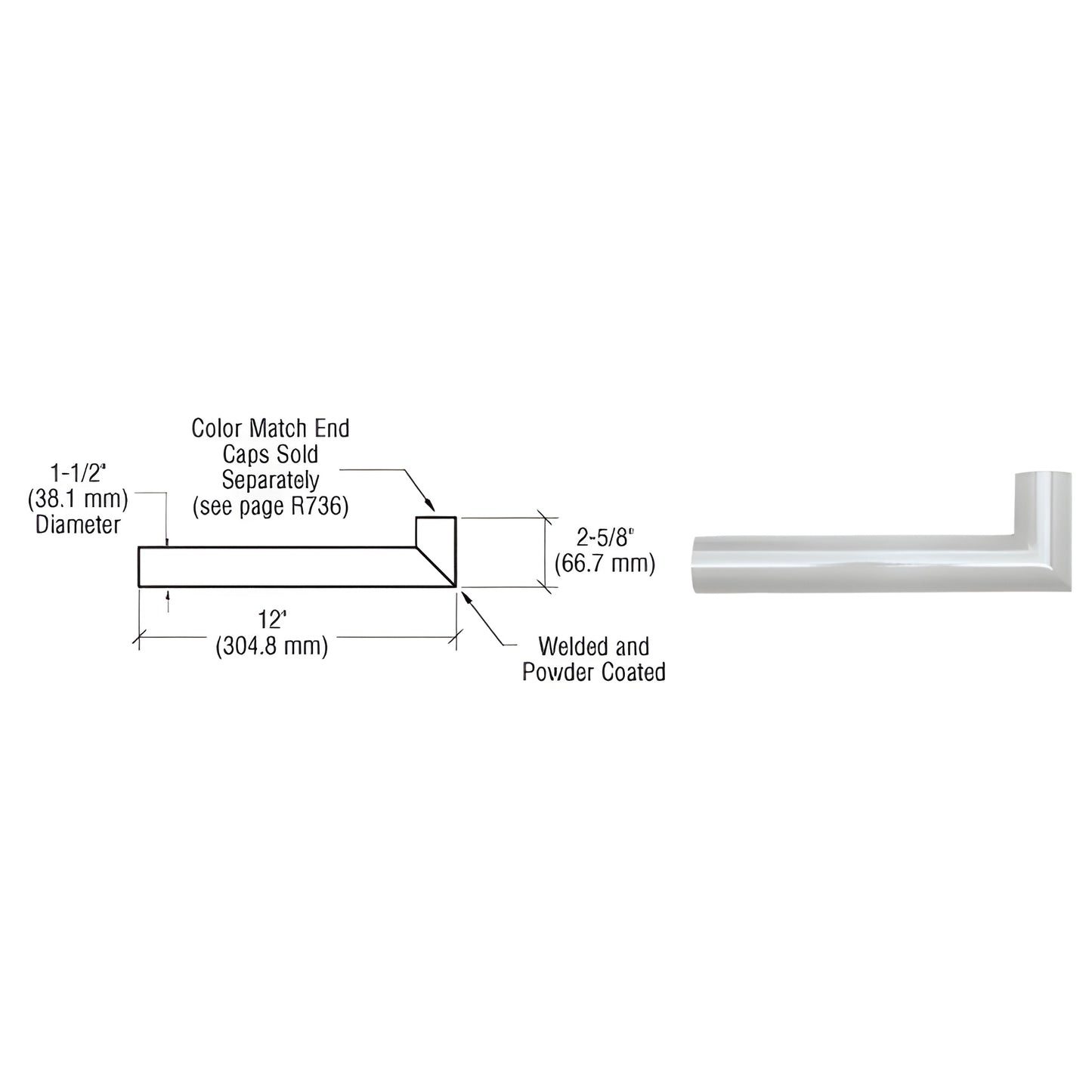 Silver metallic aluminum 90 wall handrail return, 1-1/2 in. dia., 12 in. long x 2-5/8 in. short, SKU ARWR1S