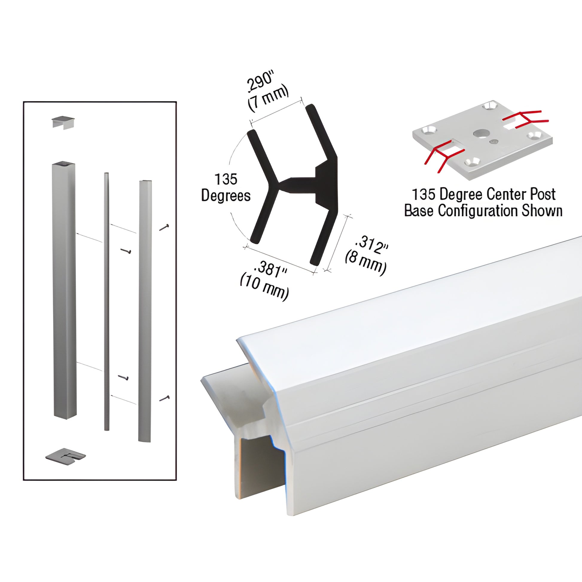 D634A satin anodized aluminum 135 H-bar glass partition channel, extrusion profile and diagram, 144-inch length.