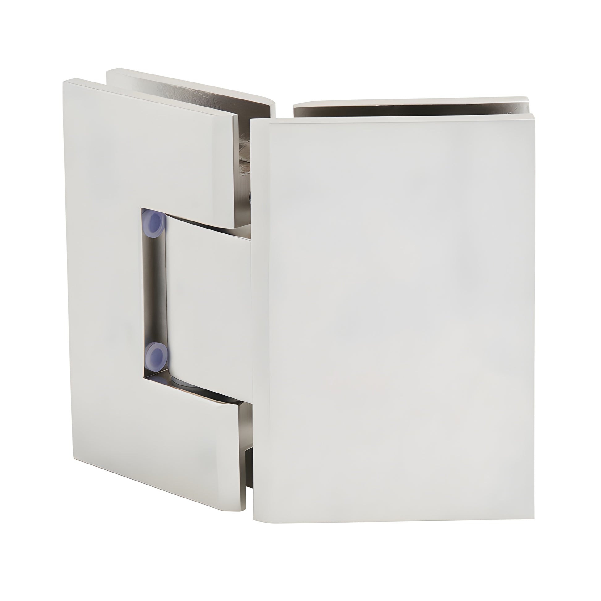 Satin nickel Vienna V1E045SN solid-brass 135 glass-to-glass frameless shower hinge, squared design.