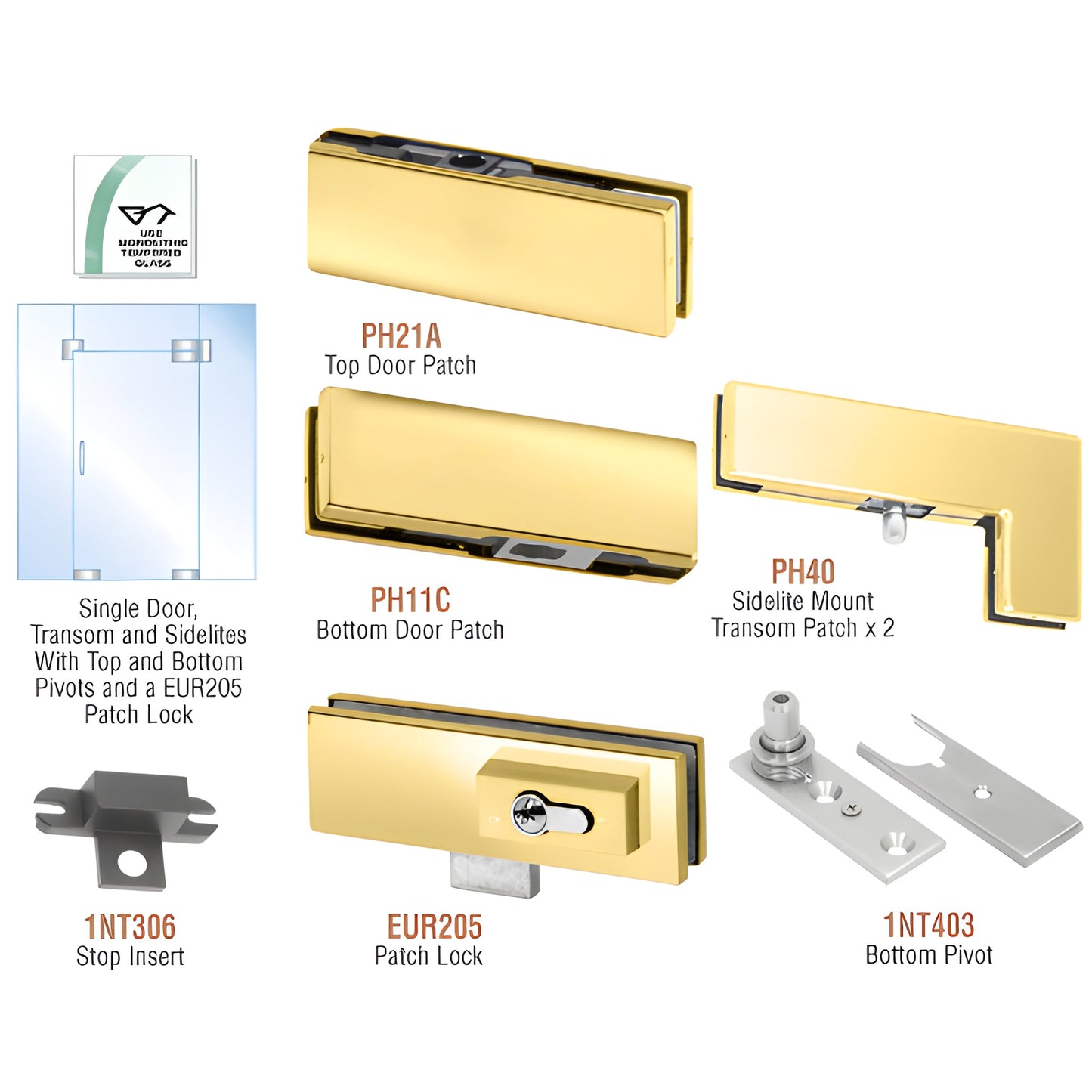 PHE5LBR polished brass all-glass door hardware kit: top/bottom patches, sidelite transom patches, pivot, stop, patch lock