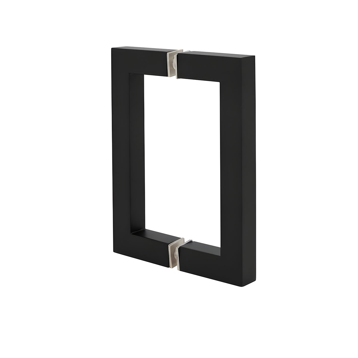 Matte black square corner back to back glass door pull, 3/4" brass tube, 6" center to center (SKU SQ6X6MBL)