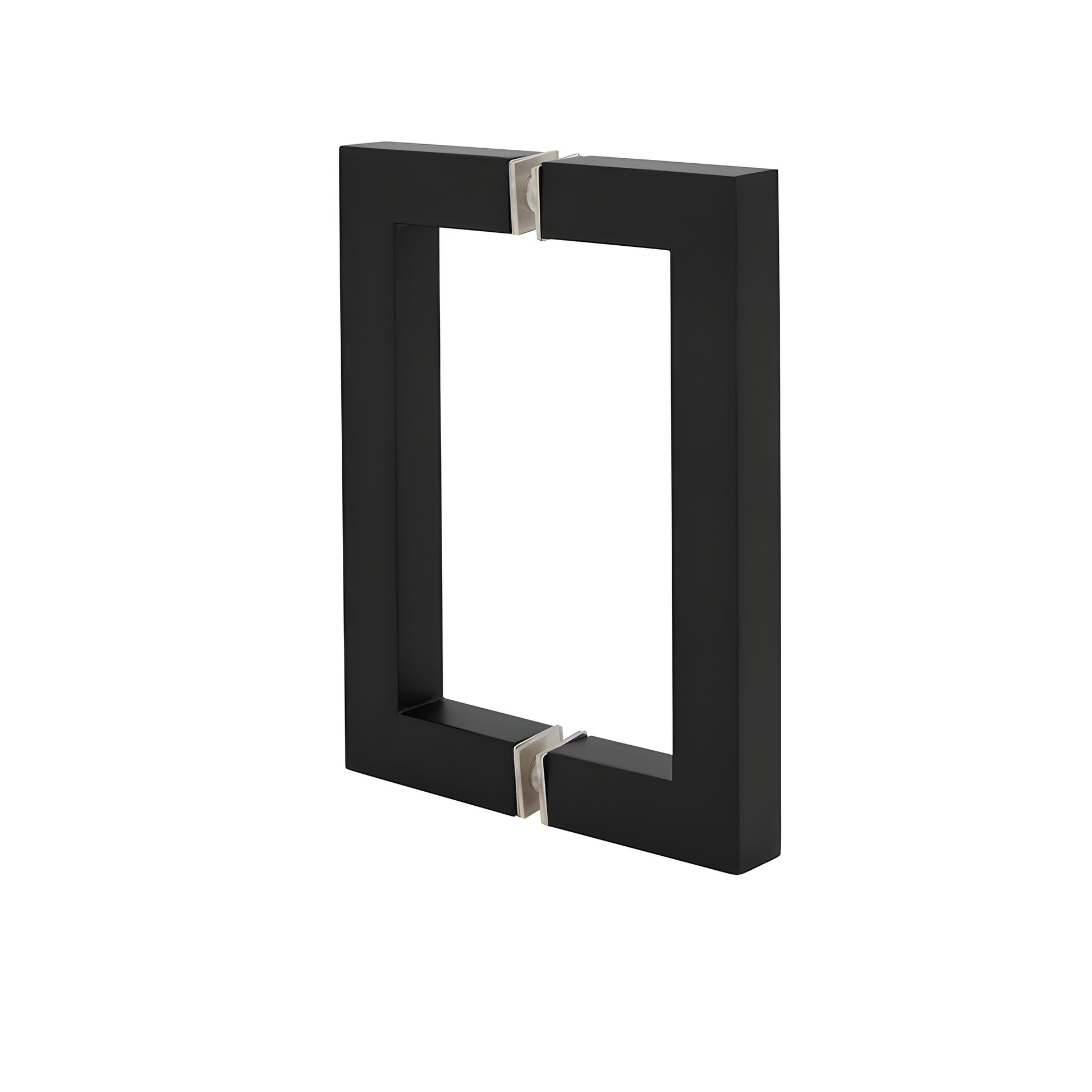 Matte black square corner back to back glass door pull, 3/4" brass tube, 6" center to center (SKU SQ6X6MBL)