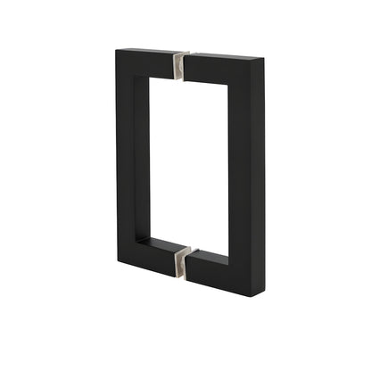 Matte black square corner back to back glass door pull, 3/4" brass tube, 6" center to center (SKU SQ6X6MBL)