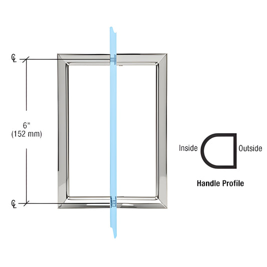 Polished chrome RM6X6CH back-to-back glass pull handle, 3/4" brass tube, 6" center-to-center, half-round profile