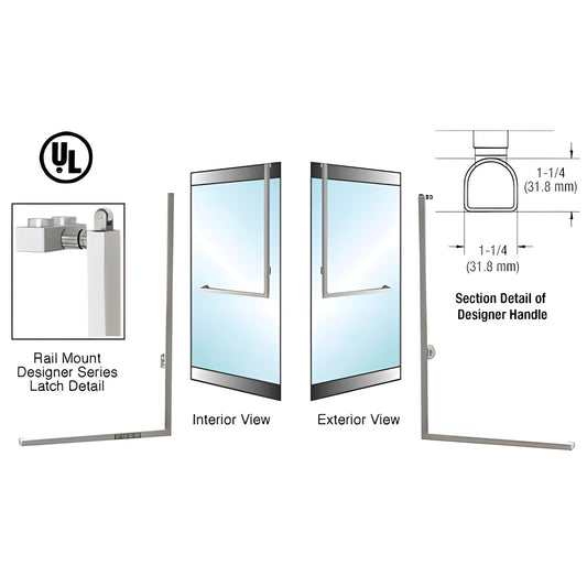 DPA100D3RKBS brushed stainless D-shape 1-1/4 in rail-mount panic handle for 1/2 in glass doors, interior and exterior views
