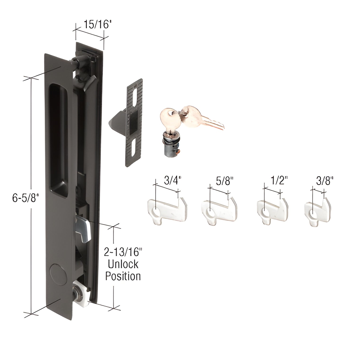C1123 black mid-latch flush door handle set with key cylinder, inverted stamped hooks (3/4-3/8), 6-5/8" mounting.