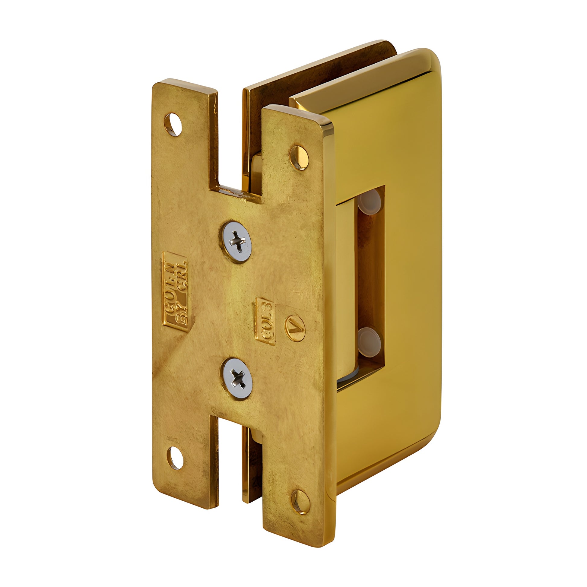 C0L337BR polished brass adjustable glass shower door hinge - solid brass, beveled design, wall-mount, self-centering.
