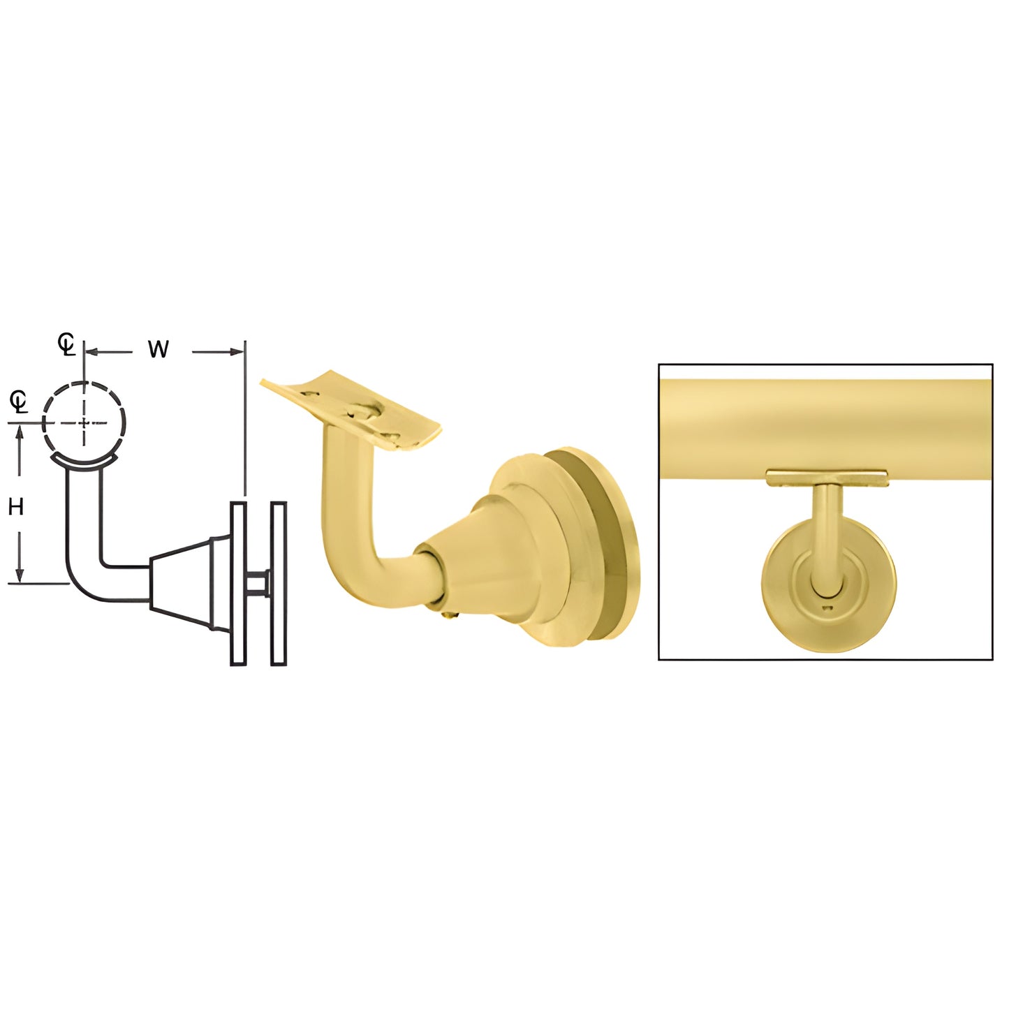 Satin brass glass-mounted adjustable handrail bracket (SKU HR2DGSB), fits 1-1/2"-2" tubing.