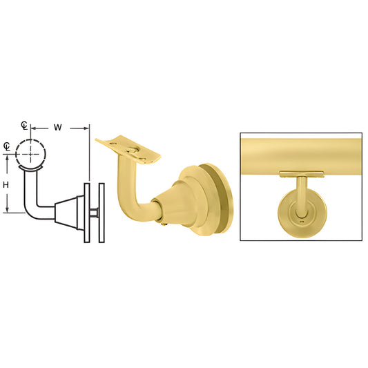 Satin brass glass-mounted adjustable handrail bracket (SKU HR2DGSB), fits 1-1/2"-2" tubing.