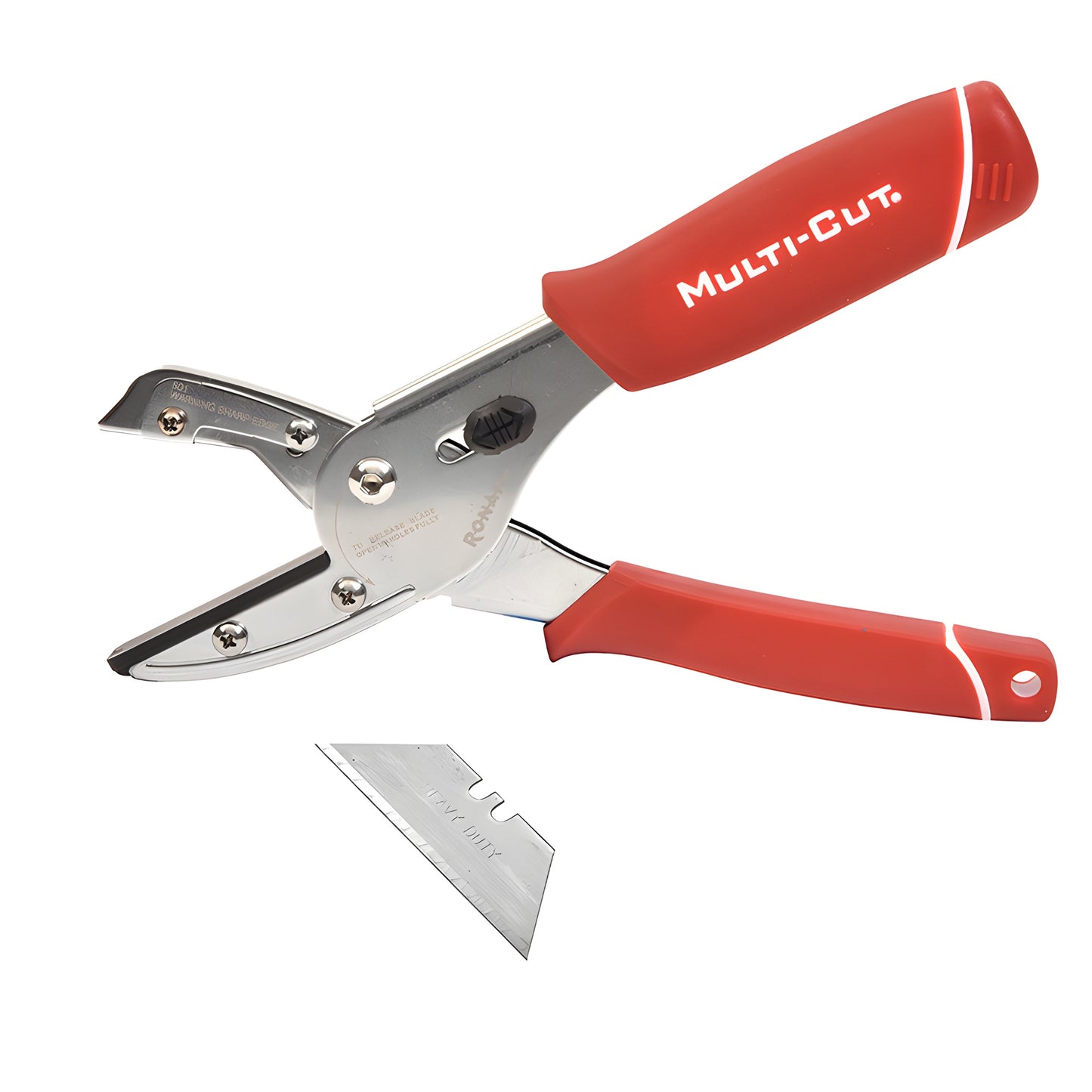 Red-handled Multi-Cut PTQS2 cross-cut trim snips with 90 base, accepts standard utility blade, lockable jaws