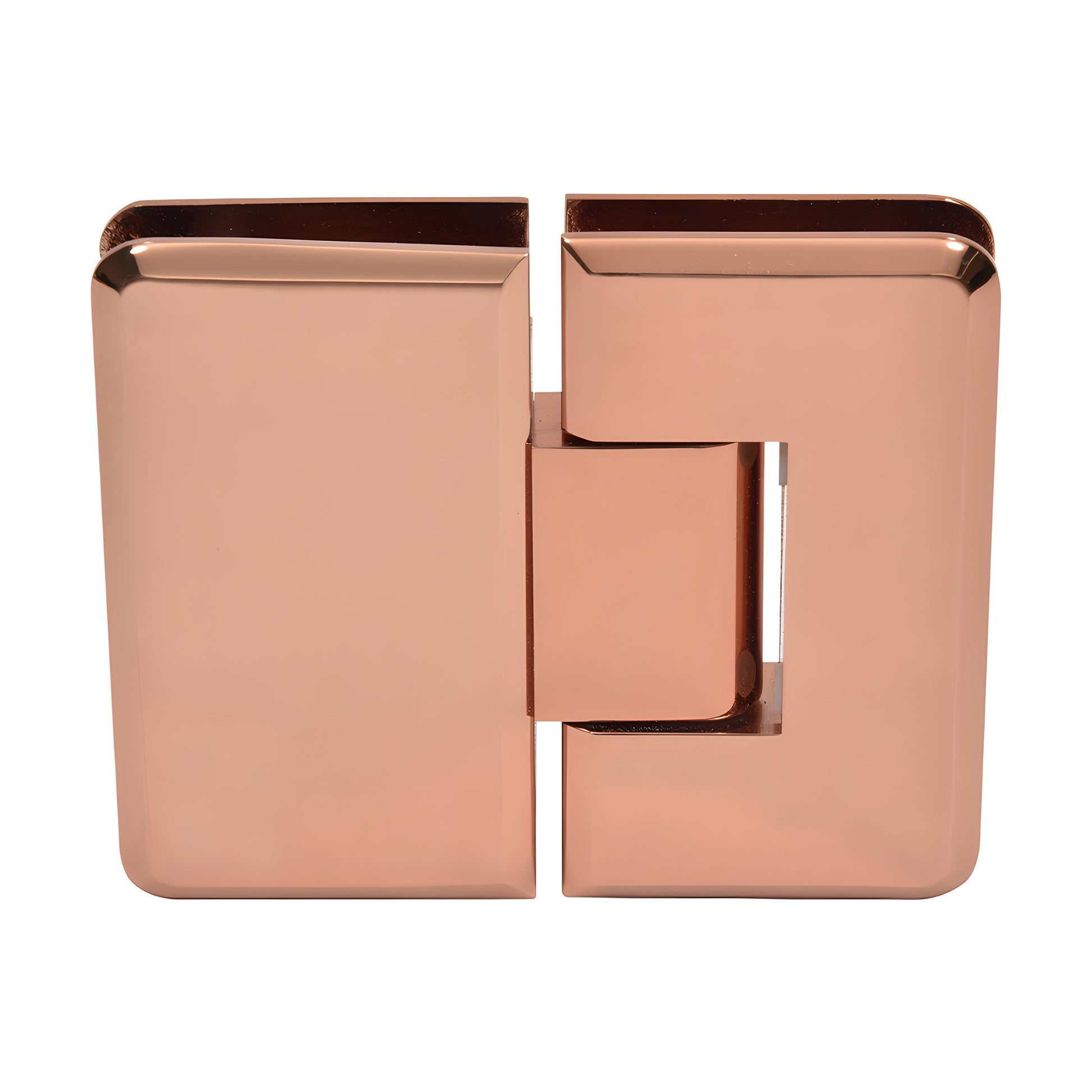 Rose-gold brass 180 glass-to-glass beveled shower hinge, fits 3/8-1/2" tempered glass.